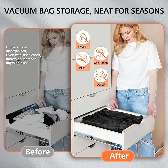 Travel Vacuum Bags with Wireless Pump,IP67 Waterproof,Tear-Resistant Vacuum Packing Cubes,Reusable Compression Bags for Travel for Hiking & Camping,Suitcase，Home Storage(2Pack+Pump)