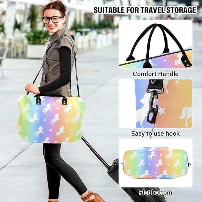 Unicorn Quilted Travel Bags Weekender Duffle Bags With Toiletry Bag Carry on Overnight Duffels Yoga Gym Bag for Airplanes Business Sports
