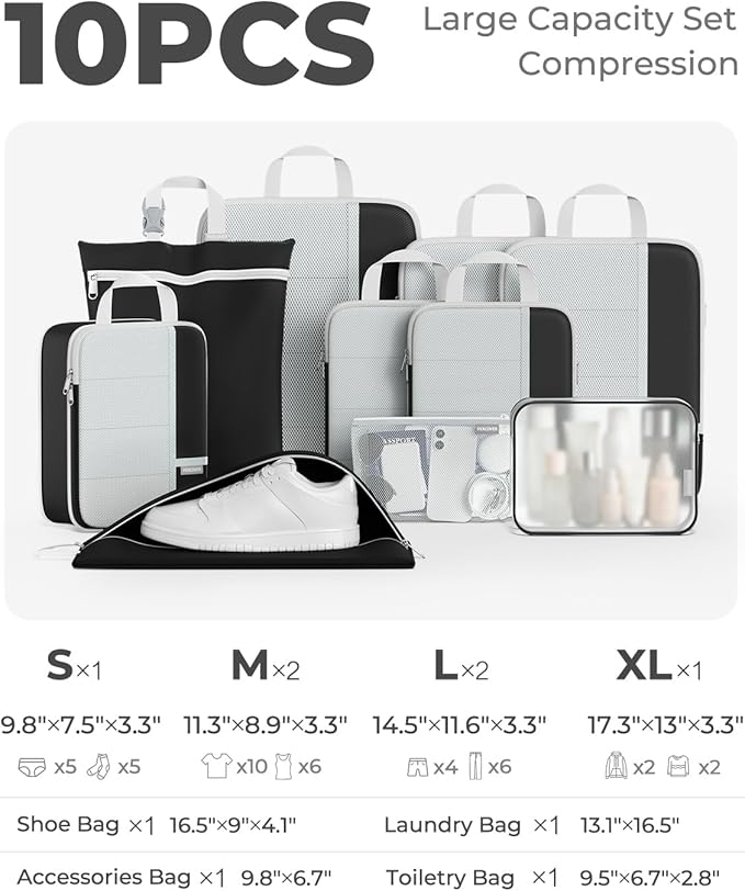 Percover Compression Packing Cubes for Travel, 10-Piece Structured Compression Organizer Set with Toiletry Bag, Laundry Bag & Shoe Bag for Carry-On & Checked Luggage, Black