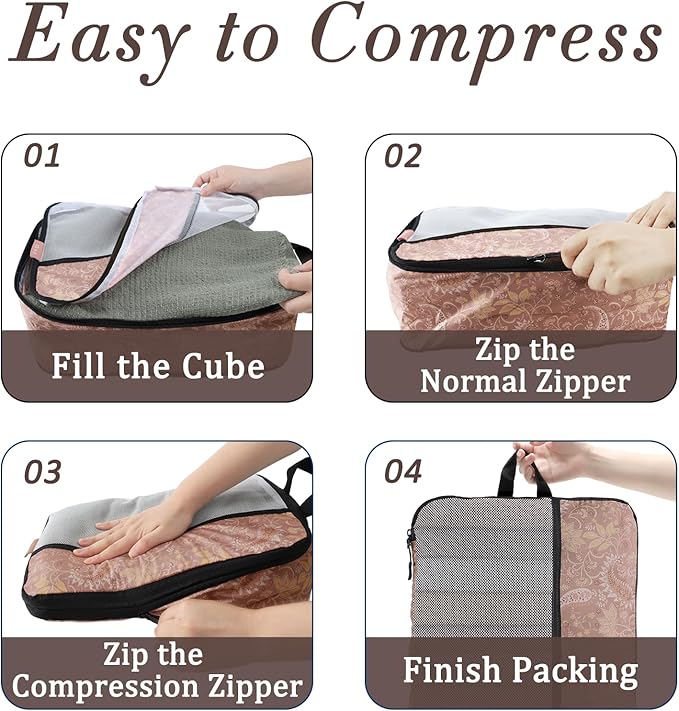 U+U 6 Set Compression Packing Cubes - Ultralight Travel Organizers with Laundry Bag, Space-Saving Suitcase Organizer, Expandable Packing Cubes for Travel and Family Vacation (Paisley Pattern)