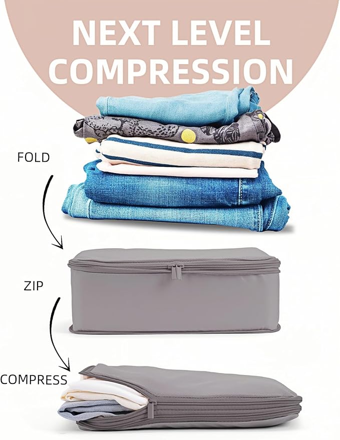 6 Set Compression Packing Cubes for 7–14 Day Travel, Durable Nylon Oxford Luggage Organizers with IP6X Waterproof Toiletry Bag, Expandable Suitcase Packing System (Misty Silver)