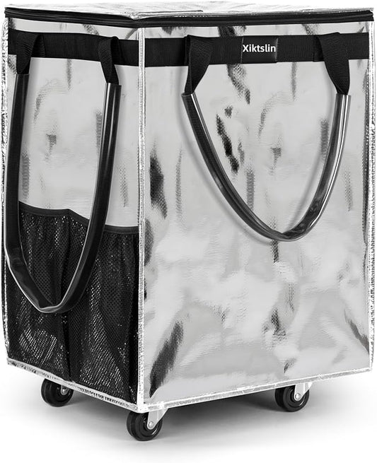 (Large,Silver) Reusable Grocery Bag on 5 Wheels, Foldable Rolling Tote Carries Up to 76lb Shopping Trolley, Rolling Bag with 3 Handles, Zipper Clouser Rolling Tote Bag with Wheels for Laundry