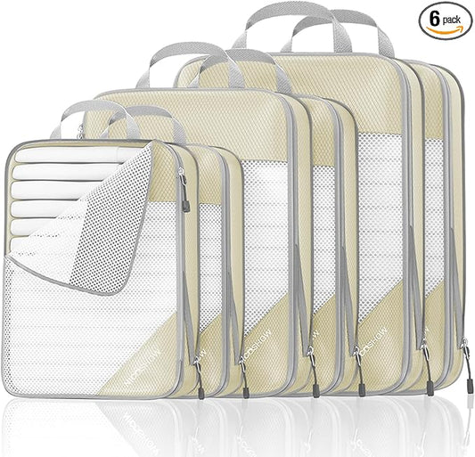 NICOSHOW Compression Packing Cubes 6 Set, Compressible Space-Saving Packing Cubes for Travel - Compression Bags, Luggage Organizer, Travel Essentials for Women, Beige