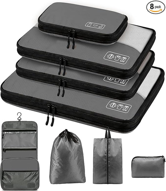 8-Piece Compression Packing Cubes for Travel, Ultralight Luggage Organizer Set with Double Zipper, Space Saving for Suitcase & Carry-On, Ideal for Business Trip Weekend Getaway - Gray