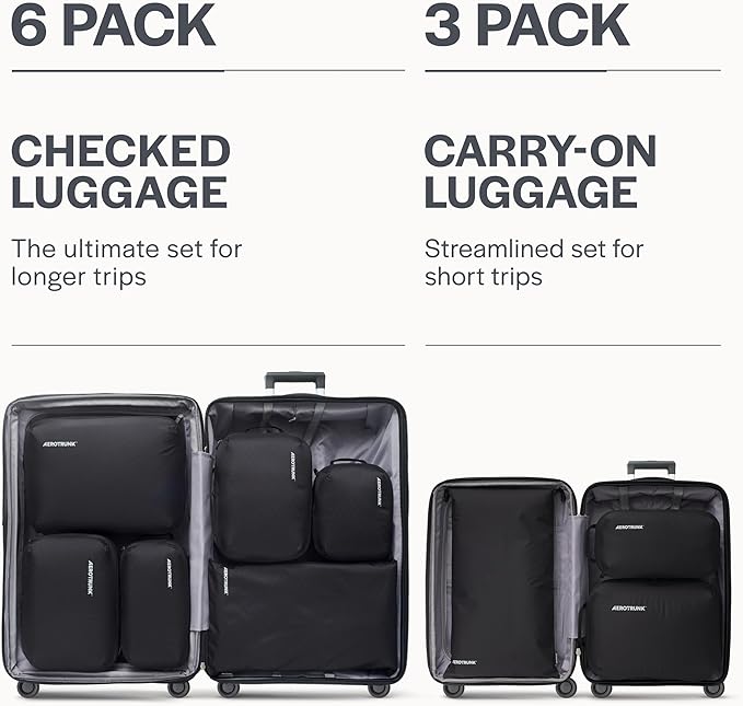 Aerotrunk Ultralight Compression Packing Cubes - Lightweight Travel Organizers for Suitcases and Luggage (6-Pack, Black)