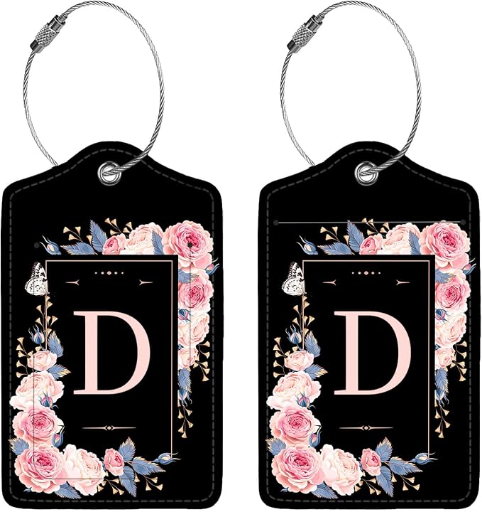 2 Pcs PU Leather Luggage Tag for Suitcases with Privacy Shield and Name ID Tag Address Card Travel Cruise Luggage Tag, Suitable for Men and Women Baggage Handbag Backpack,Flower and Monogram(Letter D - Image 5