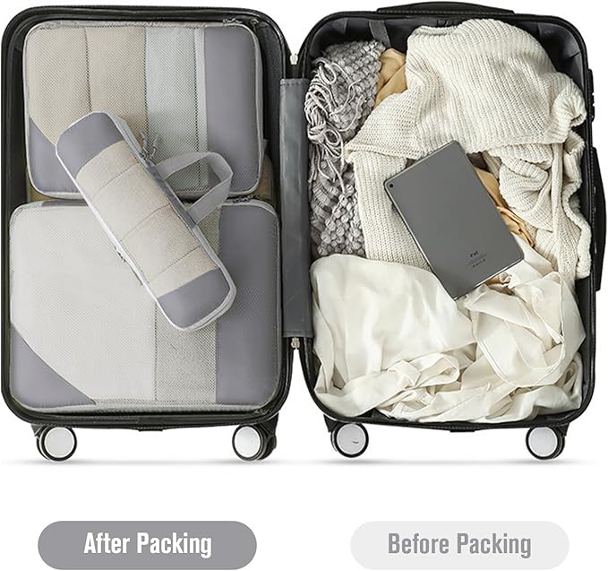 WOOMADA Compression Packing Cubes for Suitcases Travel Essentials 6 Set Rectangle Mesh Expandable Travel Bags Organizer for Luggage
