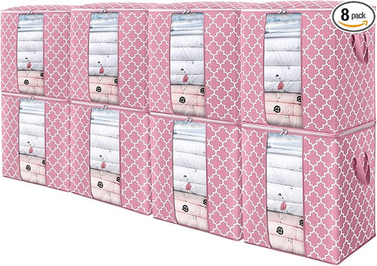 WISELIFE Storage Bags 8 Pack/100L Large Blanket Clothes Organization and Storage Containers for Comforters,Bedding, Foldable Organizer with Reinforced Handle, Clear Window, Sturdy Zippers,Pink
