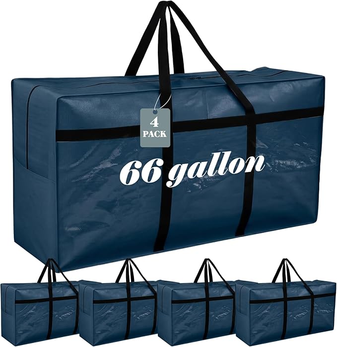 4 Pcs 66 Gallon Extra Large Moving Bags Heavy Duty Storage Bag with Strong Zipper Handle Foldable XXL Jumbo Storage Tote Packing Moving Box for College Dorm Travel Cloth Duffle (Ocean)