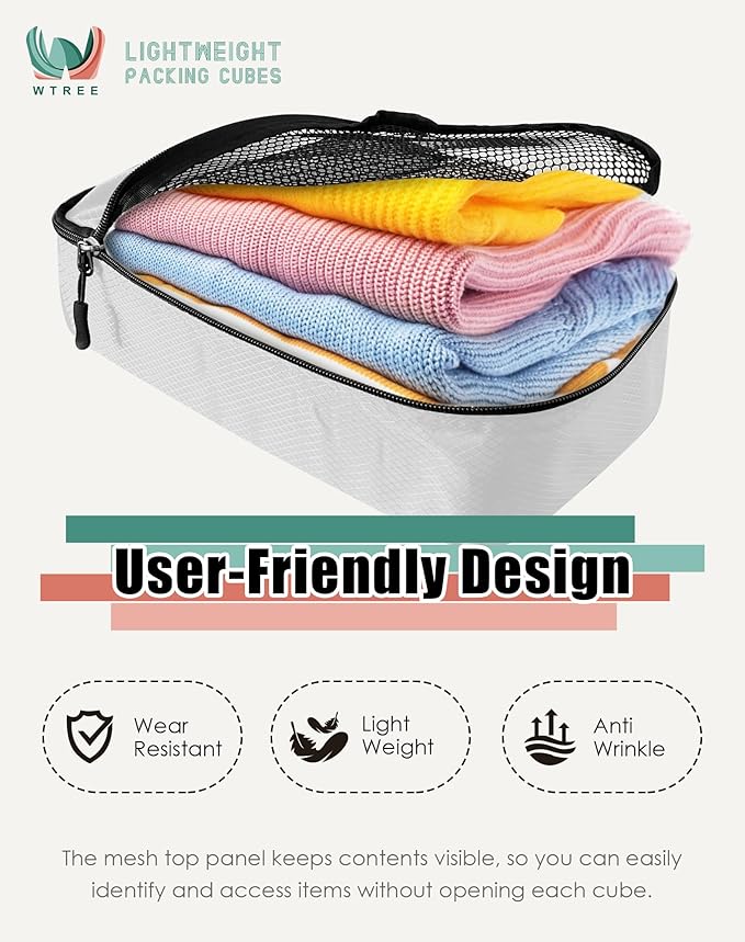 WTREE 4-Piece Packing Cubes Travel Accessories Set for Suitcases - Luggage Organizer Bags with Double Zipper - Mesh Top - Medium - Beige