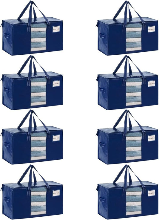 VENO 8 Pack Heavy Duty Moving Bags, Clothes and Comforter Storage Bags with Clear Window, College Dorm Essentials Packing Supplies, Foldable Boxes Alternative (Blue, 8 Pack)