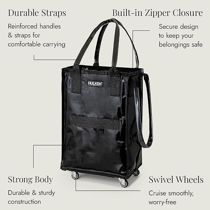 HULKEN (Small, Black) Reusable Grocery Bag On Wheels, Shopping Trolley, Rolling Tote, Zipper Closure, Lightweight, Carries Up to 66 lb, Folds Flat