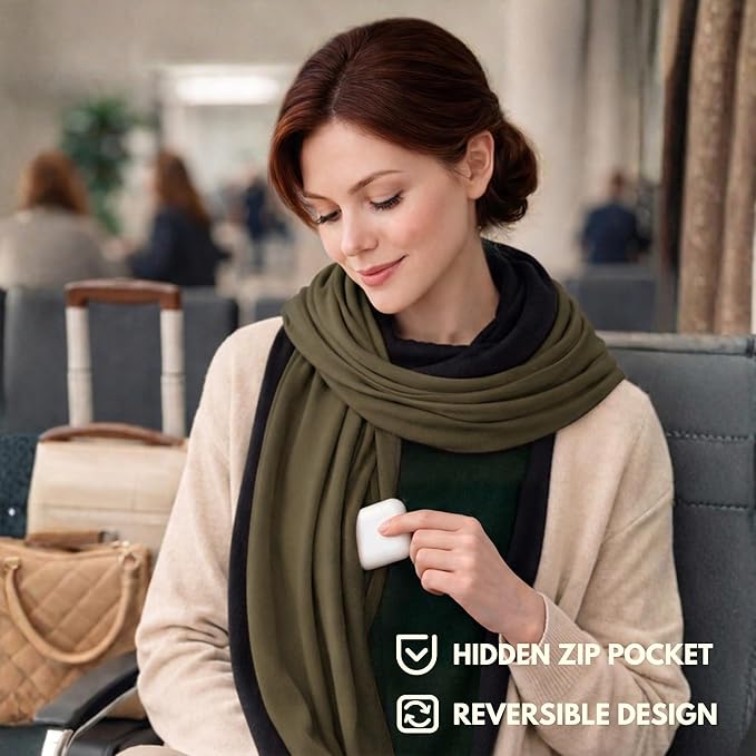 16-in-1 Compact Travel Blanket with Bag – Reversible, Ultra Soft Bamboo Airplane Blanket with Hidden Pocket – Packable for Flights & Travel Essentials (Semi-Weighted, Double Layer)