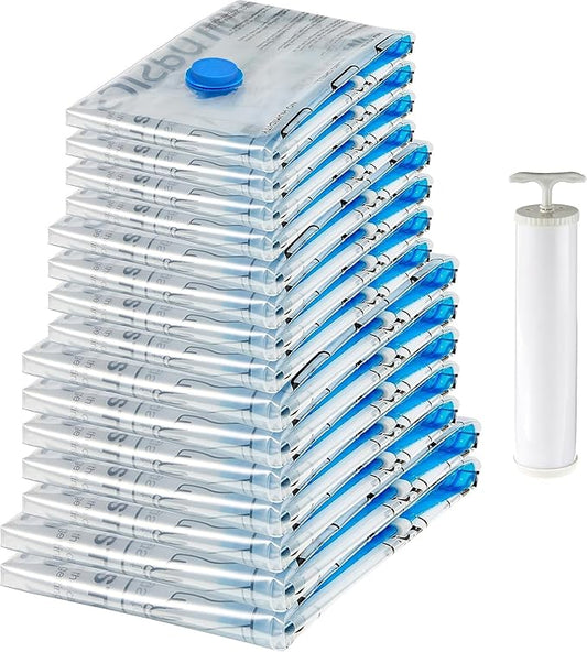 Amazon Basics Vacuum Storage Bags for Clothes, Compression Space Saving Storage Bags with Hand Pump, Reusable, Heavy-Duty Seal Protection, Multiple Sizes, White, 15-Pack