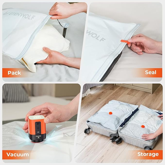 ETENWOLF 15 Pack Reusable Vacuum Seal Bags for Travel with Rechargeable Air Pump,Vacuum Compression Packing Seal for Clothes, Blankets, Seasonal Storage,Carry-On Space Saver Bags in 3 Sizes