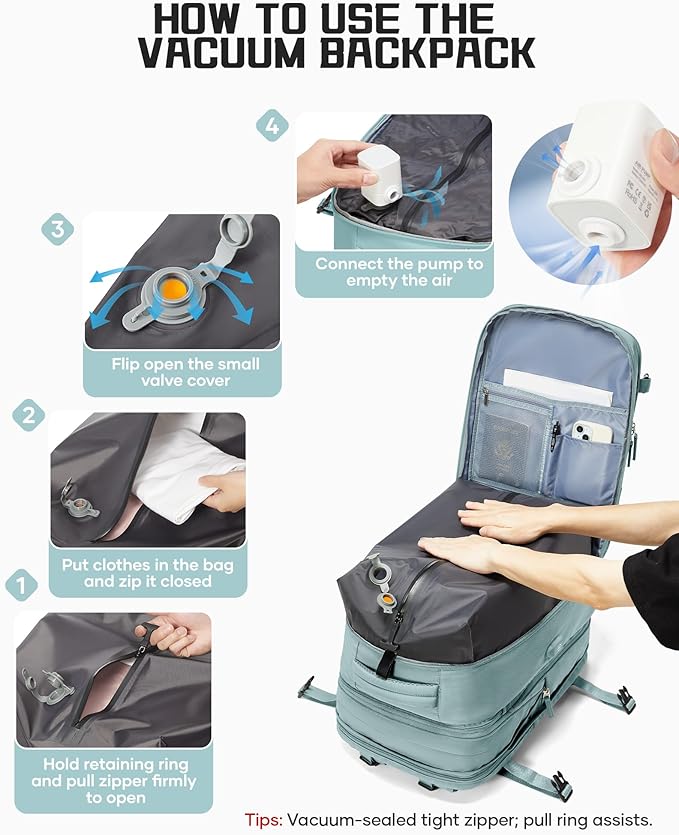 wepadre Vacuum Backpack Travel with Pump Travel Backpack with Vacuum System Expandable Vacpack Compression Backpacks for Travel Easy Vac Pack Carry on Luggage Blue
