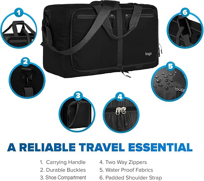 Bago Large Duffle Bag for Travel Women & Men. Durable Lightweight Foldable Travel Duffel Bags For Traveling Women. 100L Duffle Bags for Overnight Bag With Shoe Compartment Collapsible Weekender duffel