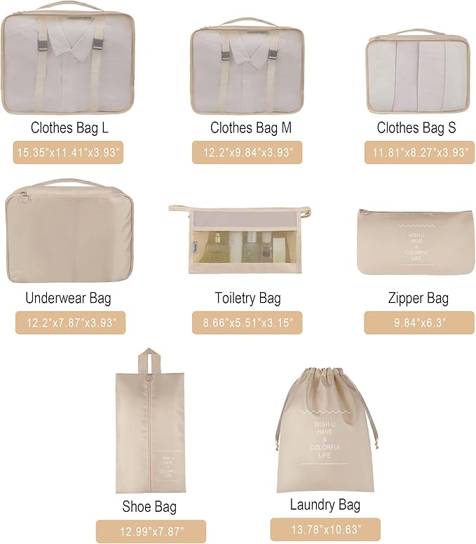 Vercord 8 Set Travel Packing Pods Luggage Organizers Cubes with Laundry Bags Accessories