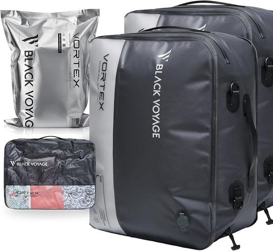 Black Voyage Reusable Vacuum Compression Travel Bag for Carry-On Suitcase and Backpack, Recycled IP67 Waterproof Space Saver Vacpack (2-Pack, 41L - No Pump)