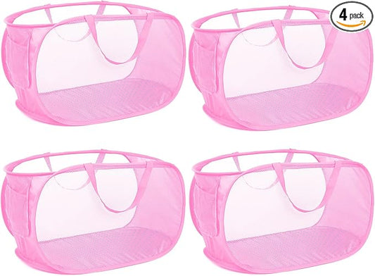 4 Pcs Durable Collapsible Laundry Baskets, Foldable Large Opening Pop Up Laundry Hamper with Pocket, Clothes Hamper with Handles for Laundry, Bathroom, Kids Room, Dorm or Travel Pink