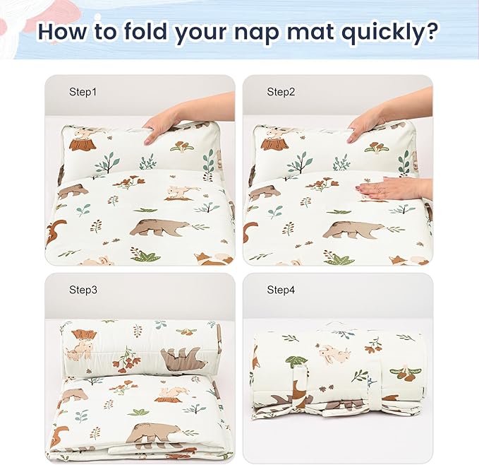 PHF Woodland Toddler Nap Mat Set, with Removable Pillow for Toddler Boys Girls, Soft and Lightweight for Daycare, Preschool, Travel, Kindergarten Sleeping Bag, Fits Ages 3-6 Years, Woodland