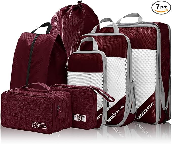 NICOSHOW 7 Set Compression Packing Cubes for Travel - Compressible, Lightweight, and Space-Saving Packing Cubes, Travel Essentials for Women, Wine