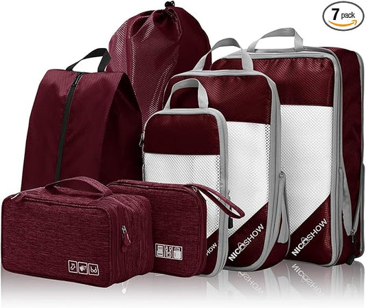 NICOSHOW 7 Set Compression Packing Cubes for Travel - Compressible, Lightweight, and Space-Saving Packing Cubes, Travel Essentials for Women, Wine