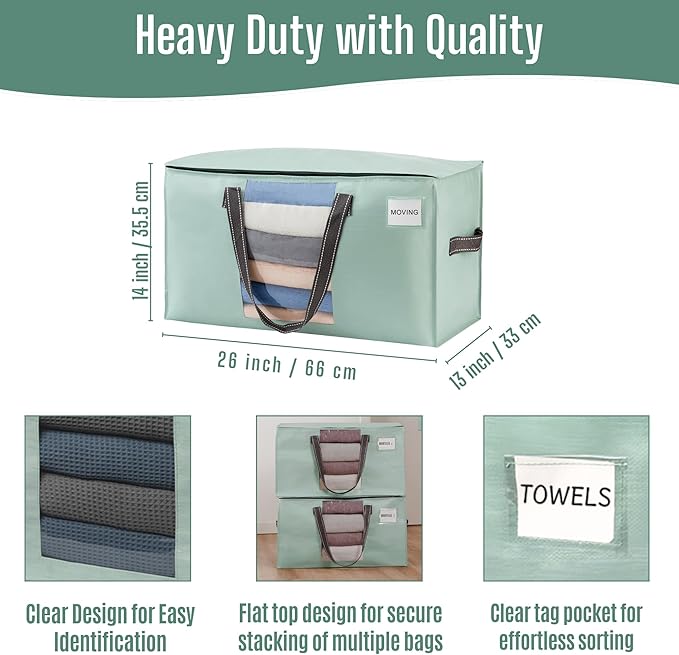 VENO 6 Pack Heavy Duty Moving Bags, Clothes and Comforter Storage Bags with Clear Window, College Dorm Essentials Packing Supplies, Foldable Boxes Alternative (Light Green Matte, 6 Pack)