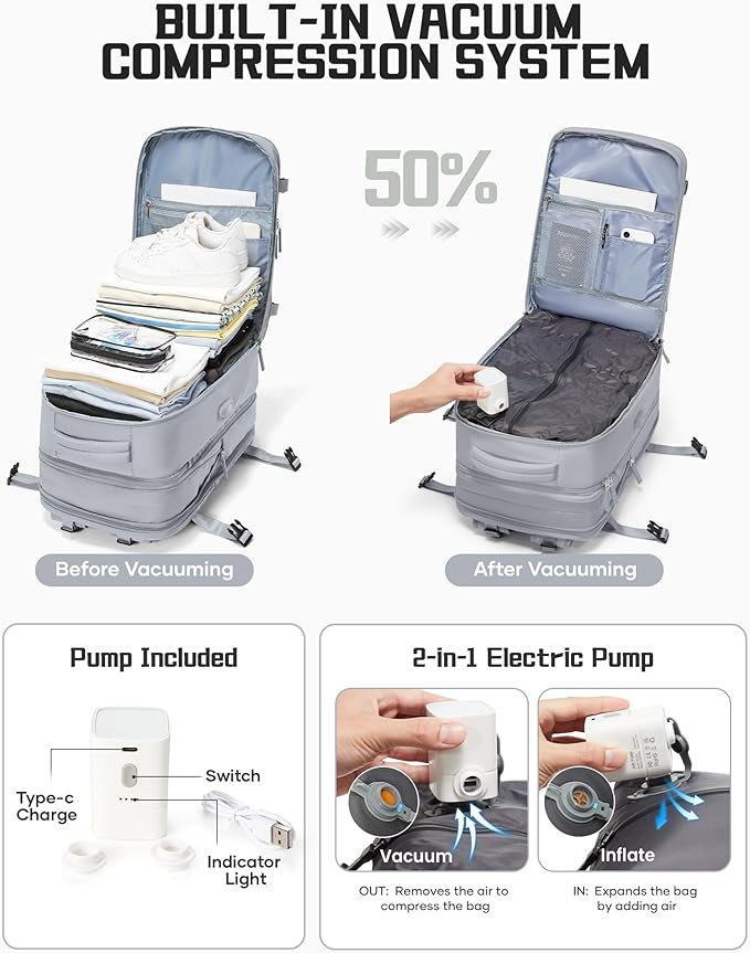 wepadre Vacuum Backpack Travel with Pump Travel Backpack with Vacuum System Expandable Vacpack Compression Backpacks for Travel Easy Vac Pack Carry on Luggage Grey