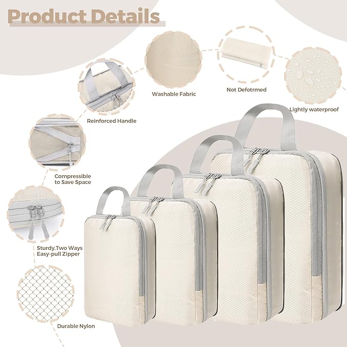 4 Set Compression Packing Cubes for Suitcase - Space-Saving Luggage Organizer Bags, Lightweight Travel Essentials for Efficient Packing (Beige)