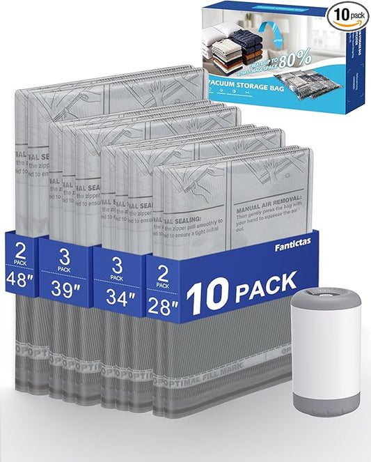 Fantictas Travel Vacuum Storage Bags with Rechargeable Air Pump, 10 Pack Portable Space Saver Bags, Compression Bags for Clothing, Bedding, Seasonal Storage & Packing Bags for Moving
