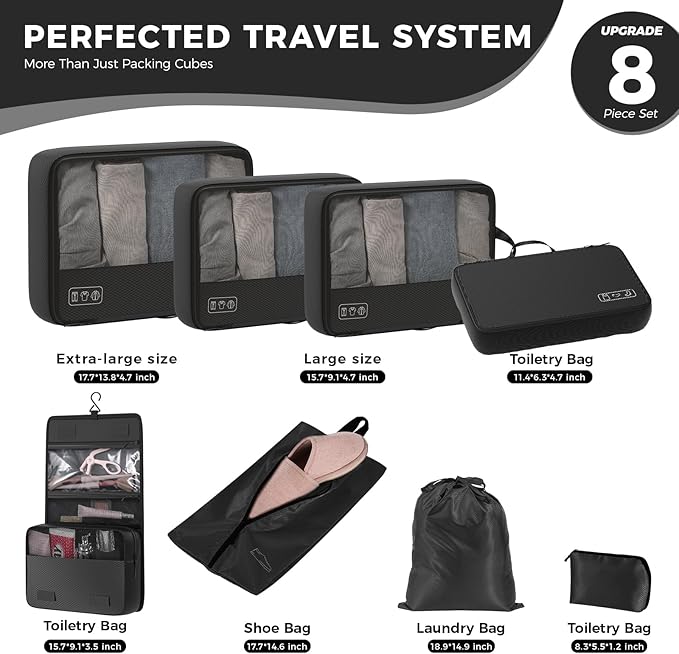 8-Piece Compression Packing Cubes for Travel, Ultralight Sleek Luggage Organizer Set for Business Trips & Frequent Travelers, Space Saving for Carry-On & Suitcase - Black