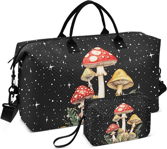 Mushroom Quilted Travel Bags Weekender Duffle Bags With Toiletry Bag Carry on Overnight Duffels Yoga Gym Bag for Airplanes Business Sports
