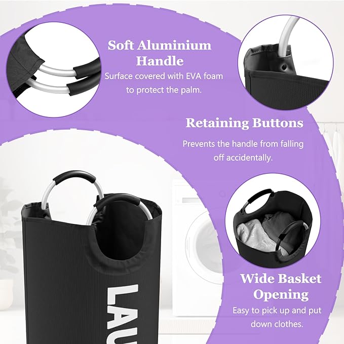 Set of 2 Collapsible Laundry Baskets with Aluminum Handles, 95L Large Laundry Baskets in 600D Oxford Fabric, Portable Dirty Clothes Hampers for Bedroom, Travel, Black + Purple