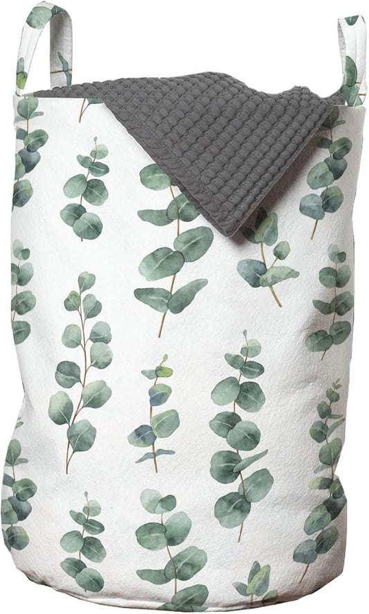 Ambesonne Eucalyptus Laundry Bag, Watercolor Inspired Painting of Forest Leaves and Branches Garden Art, Hamper Basket with Handles Drawstring Closure for Laundromats, 13" x 19", Laurel Green