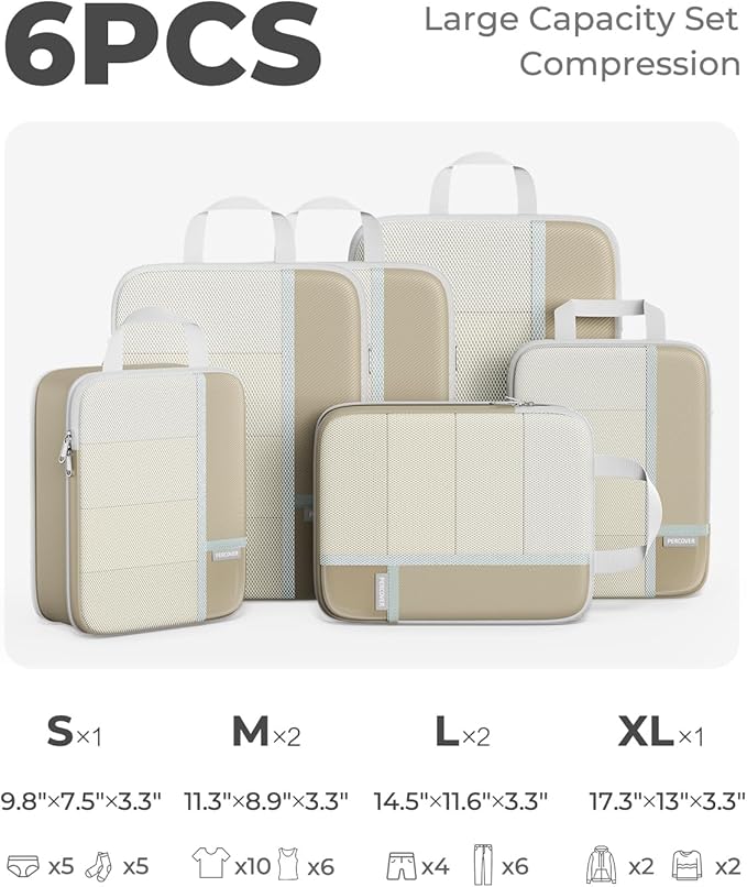 Percover Compression Packing Cubes for Travel, 6-Piece Structured Compression Organizer Set for Organized Packing & Carry-On Luggage, Camel