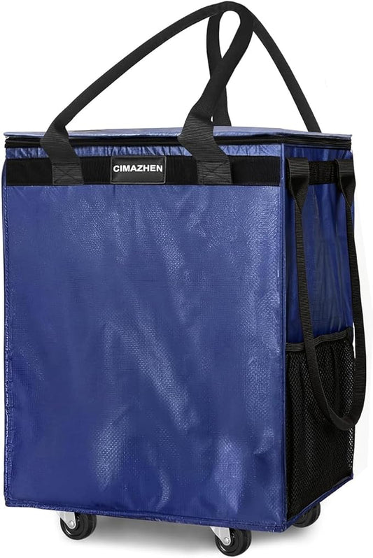 (Medium,Blue) Reusable Grocery Bag on 4 Wheels, Foldable Rolling Tote Bag with 3 Handles and Zipper, Storage Organizer for Groceries, Rolling Shopping Cart for Travel, 76lb