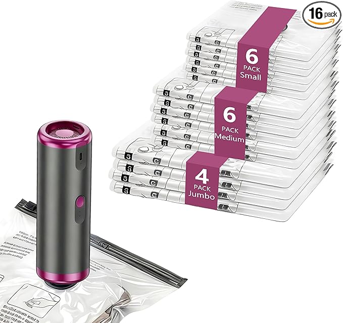 Vacuum Storage Bags with Rechargeable Electric Pump, 16 Pack Vacuum Seal Bags for Clothing Travel, 3 Sizes Compression Packing Bags 80% Space Saver for Clothes, Bedding & Seasonal Storage