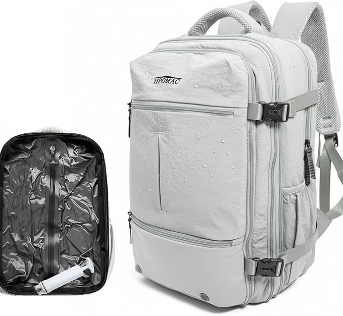 Vacuum Compression Backpack for Travel, Carry on Backpack with Vacuum System & Pump, Packs Like 55L for 5-7 Day Trips, Fits 17" Laptop, Water-Resistant Business Travel Backpack for Men/Women