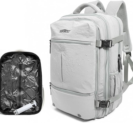 Vacuum Compression Backpack for Travel, Carry on Backpack with Vacuum System & Pump, Packs Like 55L for 5-7 Day Trips, Fits 17" Laptop, Water-Resistant Business Travel Backpack for Men/Women