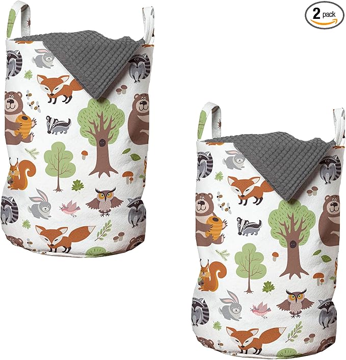 Ambesonne Forest Laundry Bag Pack of 2, Doodle Woodland Creatures as Honey Bear Rabbit Fox and Raccoon in Nature Habitat, Hamper Basket with Handles Drawstring Closure, 13" x 19", Brown Green