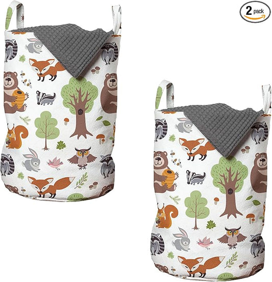 Ambesonne Forest Laundry Bag Pack of 2, Doodle Woodland Creatures as Honey Bear Rabbit Fox and Raccoon in Nature Habitat, Hamper Basket with Handles Drawstring Closure, 13" x 19", Brown Green