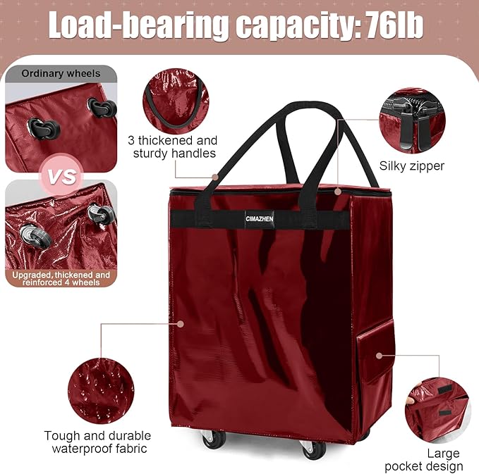 (Medium,Red) Reusable Grocery Bag on 4 Wheels, Foldable Rolling Tote Bag with 3 Handles and Zipper, Storage Organizer for Groceries, Rolling Shopping Cart for Travel, 76lb