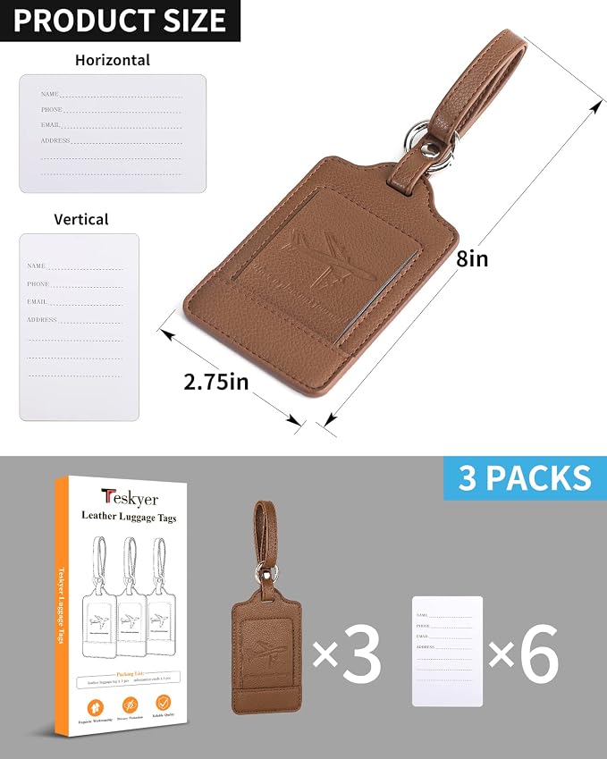 Teskyer Leather Luggage Tags for Suitcases, 3 Pack, Lichee Coffee - Image 7