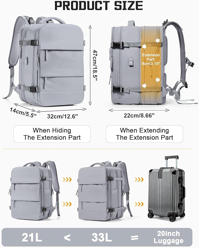wepadre Vacuum Backpack Travel with Pump Travel Backpack with Vacuum System Expandable Vacpack Compression Backpacks for Travel Easy Vac Pack Carry on Luggage Grey