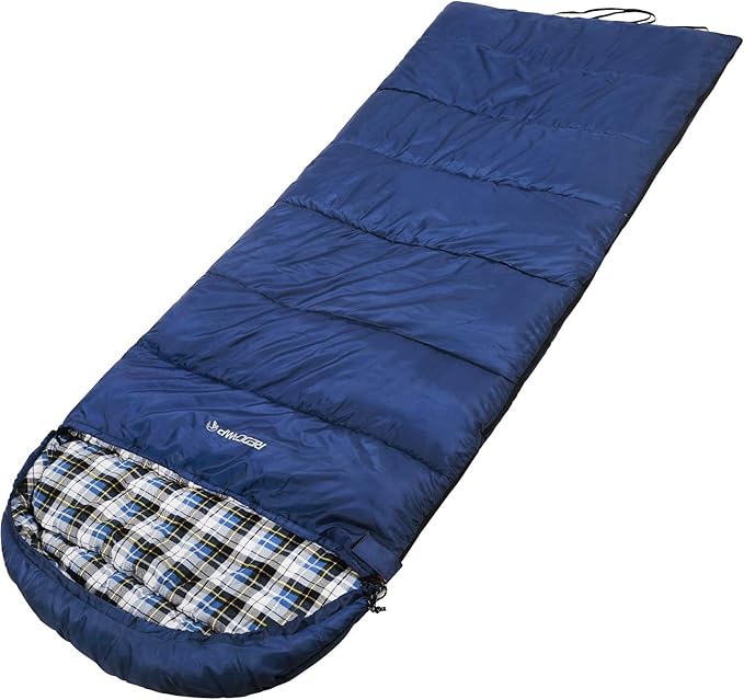 REDCAMP Flannel Sleeping Bag for Adults, Comfortable Cotton Envelope Sleeping Bags for Camping, Backpacking, Hiking, with Detachable Hood&Compression Sack, Blue/Red/Grey/Black