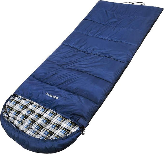 REDCAMP Flannel Sleeping Bag for Adults, Comfortable Cotton Envelope Sleeping Bags for Camping, Backpacking, Hiking, with Detachable Hood&Compression Sack, Blue/Red/Grey/Black