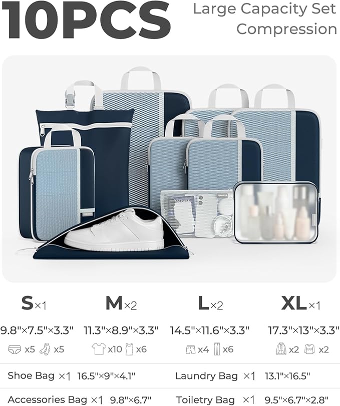 Percover Compression Packing Cubes for Travel, 10-Piece Structured Compression Organizer Set with Toiletry Bag, Laundry Bag & Shoe Bag for Carry-On & Checked Luggage, Navy Blue