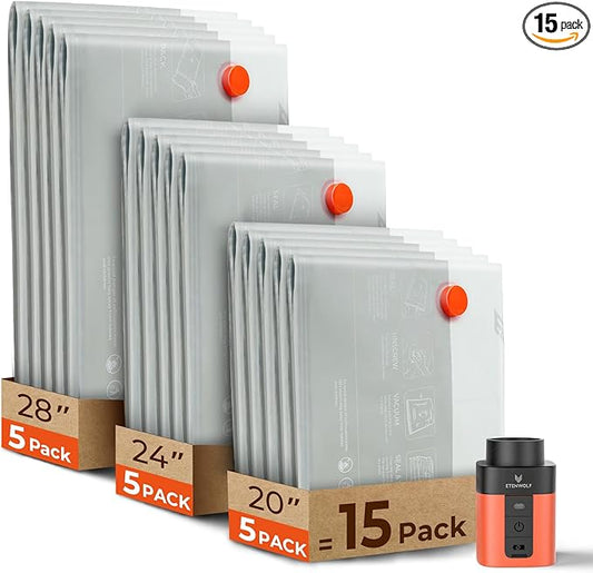 ETENWOLF 15 Pack Reusable Vacuum Seal Bags for Travel with Rechargeable Air Pump,Vacuum Compression Packing Seal for Clothes, Blankets, Seasonal Storage,Carry-On Space Saver Bags in 3 Sizes
