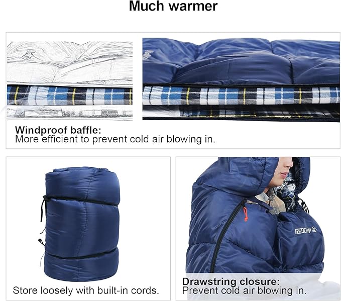 REDCAMP Flannel Sleeping Bag for Adults, Comfortable Cotton Envelope Sleeping Bags for Camping, Backpacking, Hiking, with Detachable Hood&Compression Sack, Blue/Red/Grey/Black